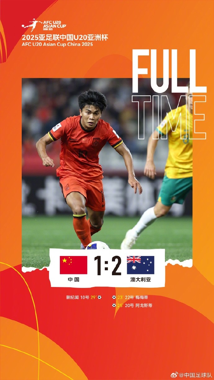  U20亞洲杯小組賽A組第三輪，中國(guó)隊(duì)1比2負(fù)于澳大利亞隊(duì)
