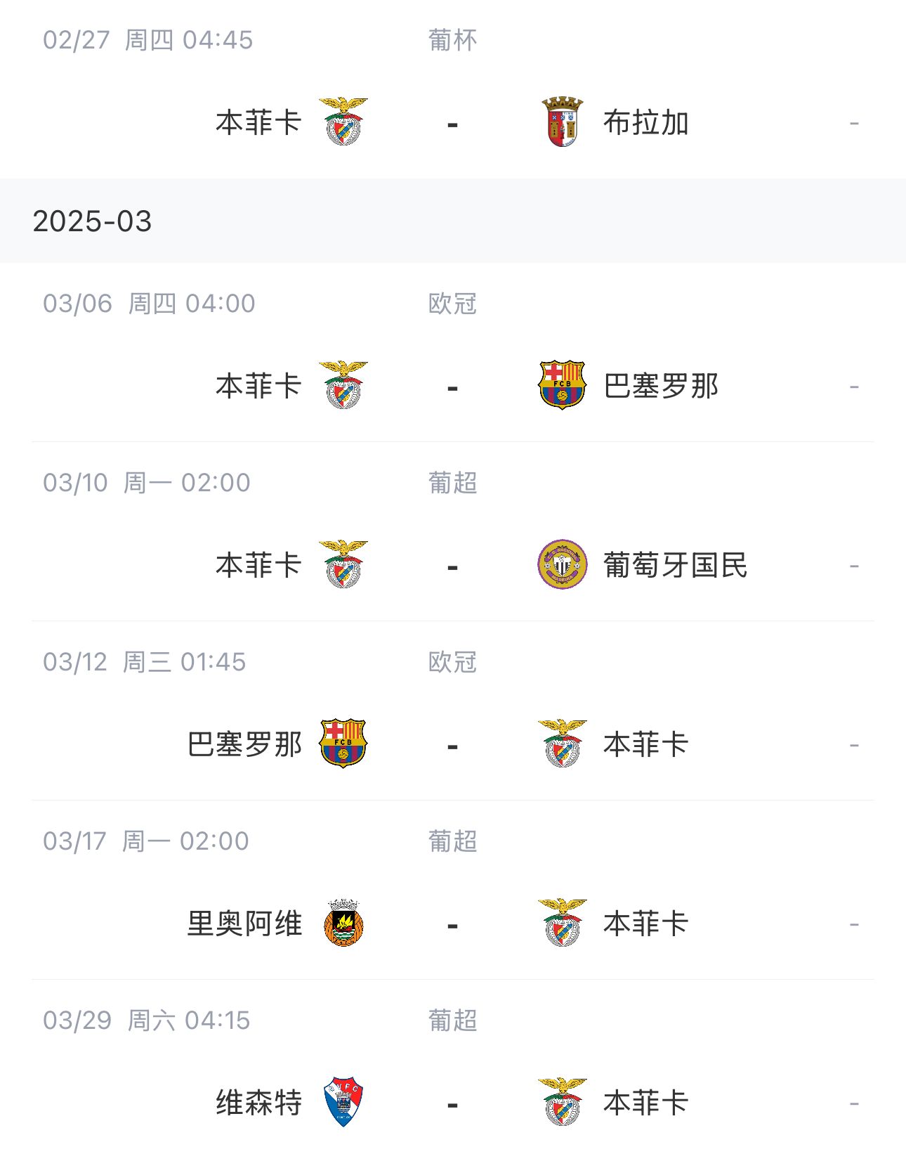  讓路歐冠！本菲卡戰(zhàn)巴薩首回合比賽前的葡超比賽推遲進(jìn)行