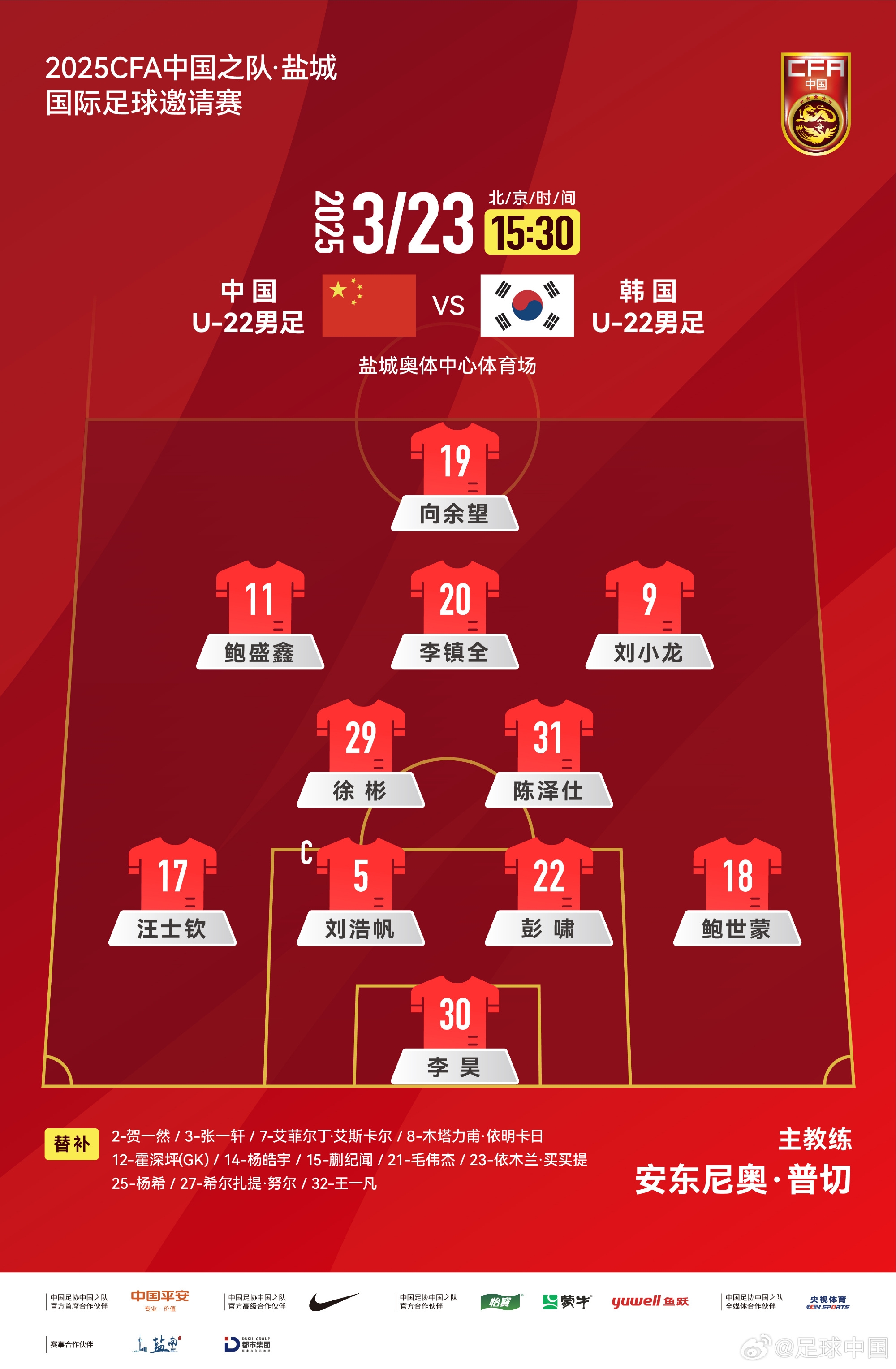  鹽城四國賽，中國U-22男足對陣韓國U-22男足，中國隊首發(fā)陣容